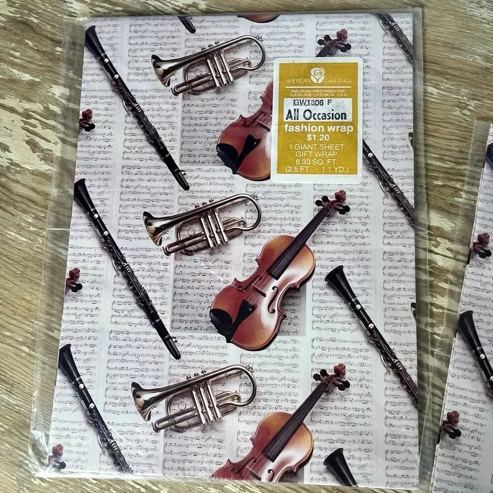 3 NOS Vintage American Greetings Music Gift Wrap Violin Trumpet Instruments